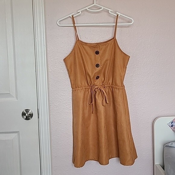 Carmel Yellow Brown Orange Mini Skater Dress with Buttons Size Small - Picture 1 of 6